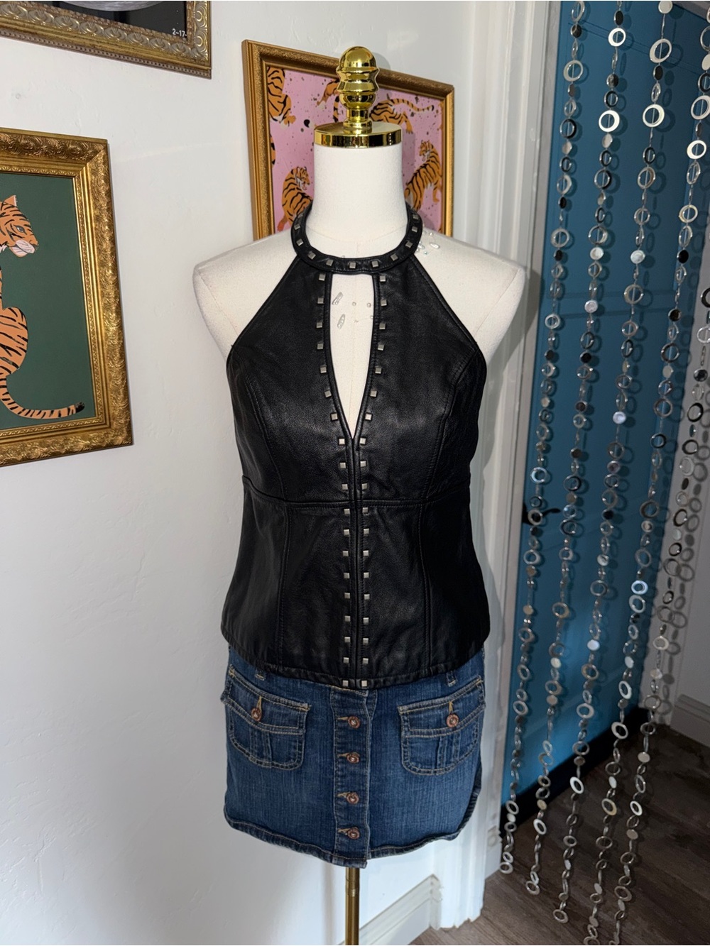 Vintage Y2K Black Studded Leather Halter Top